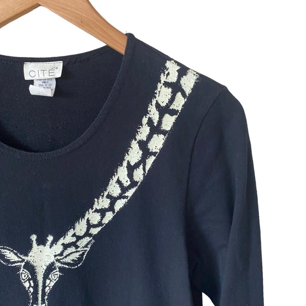 Vintage Cité Black Art To Wear Giraffe Graphic Print Long Sleeve Maxi Dress USA - Picture 11 of 15